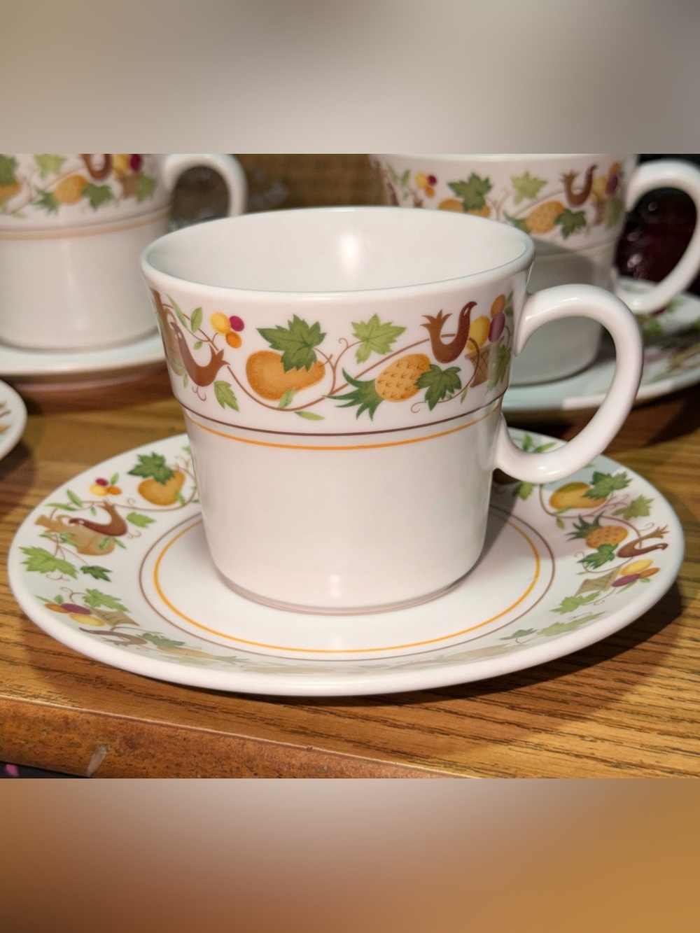 Noritake White Cup & Saucer with Gold, Green and Brown Fruit Vine Border